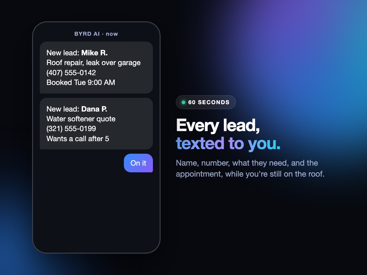 Instant lead alert showing a customer's name and phone number