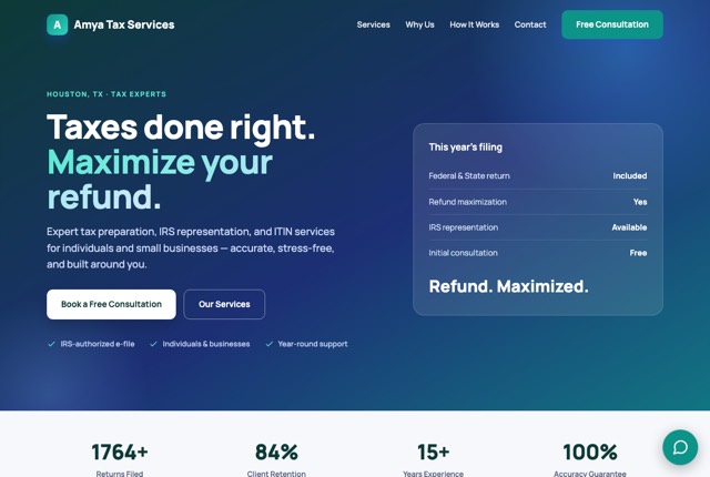 Screenshot of the Amya Tax Services website