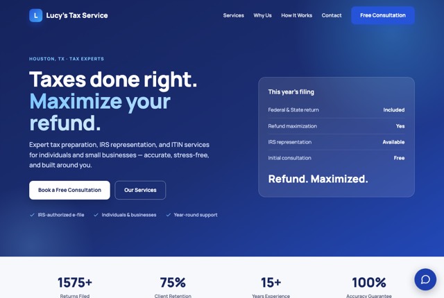 Screenshot of the Lucy's Tax Service website