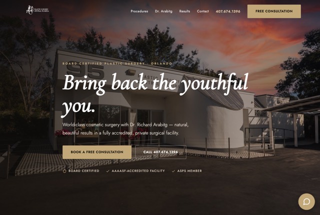 Screenshot of the Plastic Surgery Central FL website
