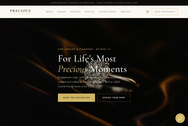 Screenshot of the Precious Fine Jewelers website